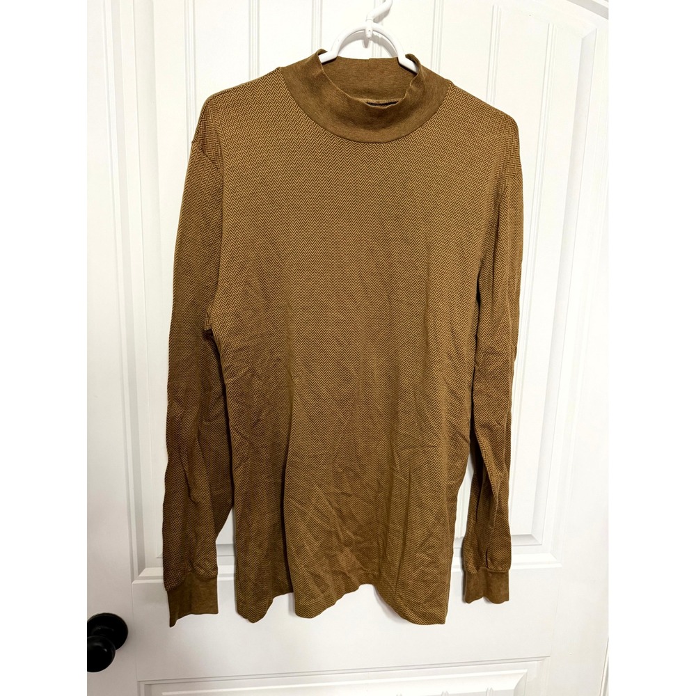 Lands End Mock Neck Mens M Brown Herringbone Cotton Long Sleeve EUC